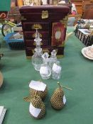 Oriental-style cabinet, 4 glass condiments & 3 metal model fruits. Estimate £20-30.