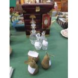 Oriental-style cabinet, 4 glass condiments & 3 metal model fruits. Estimate £20-30.