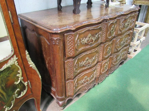 French style mahogany shaped front chest of 3 drawers with ornate ormolu handles, 128cms x 64cms x - Image 2 of 3