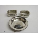 Small silver tray, Birmingham, diameter 10cms, weight 1.84ozt & 2 silver salt containers (no