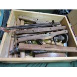 A basket of wooden planes & a box of antique tools including spoke shaves & a pair of dividers.