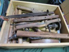 A basket of wooden planes & a box of antique tools including spoke shaves & a pair of dividers.