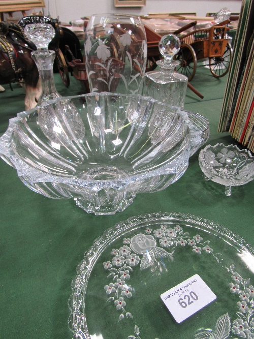 Glassware: cake stand, large fruit bowl, 2 decanters, vase, rose bowl & small dish. Estimate £50- - Image 3 of 3