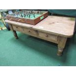 Pine coffee table with 3 frieze drawers, 122cms x 60cms x 49cms. Estimate £30-40.