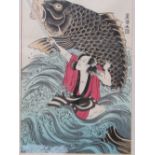 Japanese woodblock print by Toyokuni Matsusuke, grappling with carp. Estimate £10-20.