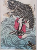 Japanese woodblock print by Toyokuni Matsusuke, grappling with carp. Estimate £10-20.