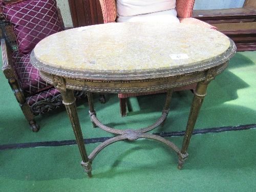 Gilt oval marble top occasional table on tapered legs to X stretcher. Estimate £30-50.