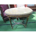 Gilt oval marble top occasional table on tapered legs to X stretcher. Estimate £30-50.