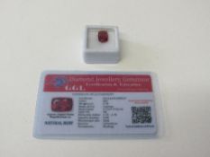 Natural ruby gemstone, cushion cut, weight 5.78ct, with certificate. Estimate £50-70.