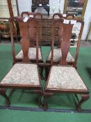 4 mahogany high back drop-in seat shaped splat backed dining chairs. Estimate £20-40.