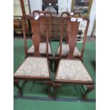 4 mahogany high back drop-in seat shaped splat backed dining chairs. Estimate £20-40.