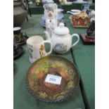 Wedgwood Peter Rabbit teapot, a lustre dish, Staffordshire dog vase & a tankard. Estimate £10-20.