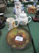Wedgwood Peter Rabbit teapot, a lustre dish, Staffordshire dog vase & a tankard. Estimate £10-20.