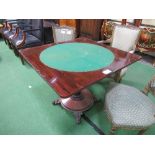 Rosewood & mahogany fold-over swivel top card table on tapered octagonal pedestal to circular base