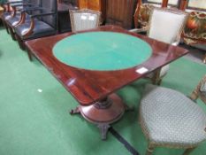 Rosewood & mahogany fold-over swivel top card table on tapered octagonal pedestal to circular base