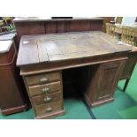 Oak pedestal sloped-top Clerk's desk with 4 drawers on 1 side & cupboard to other, 115cms x 64cms