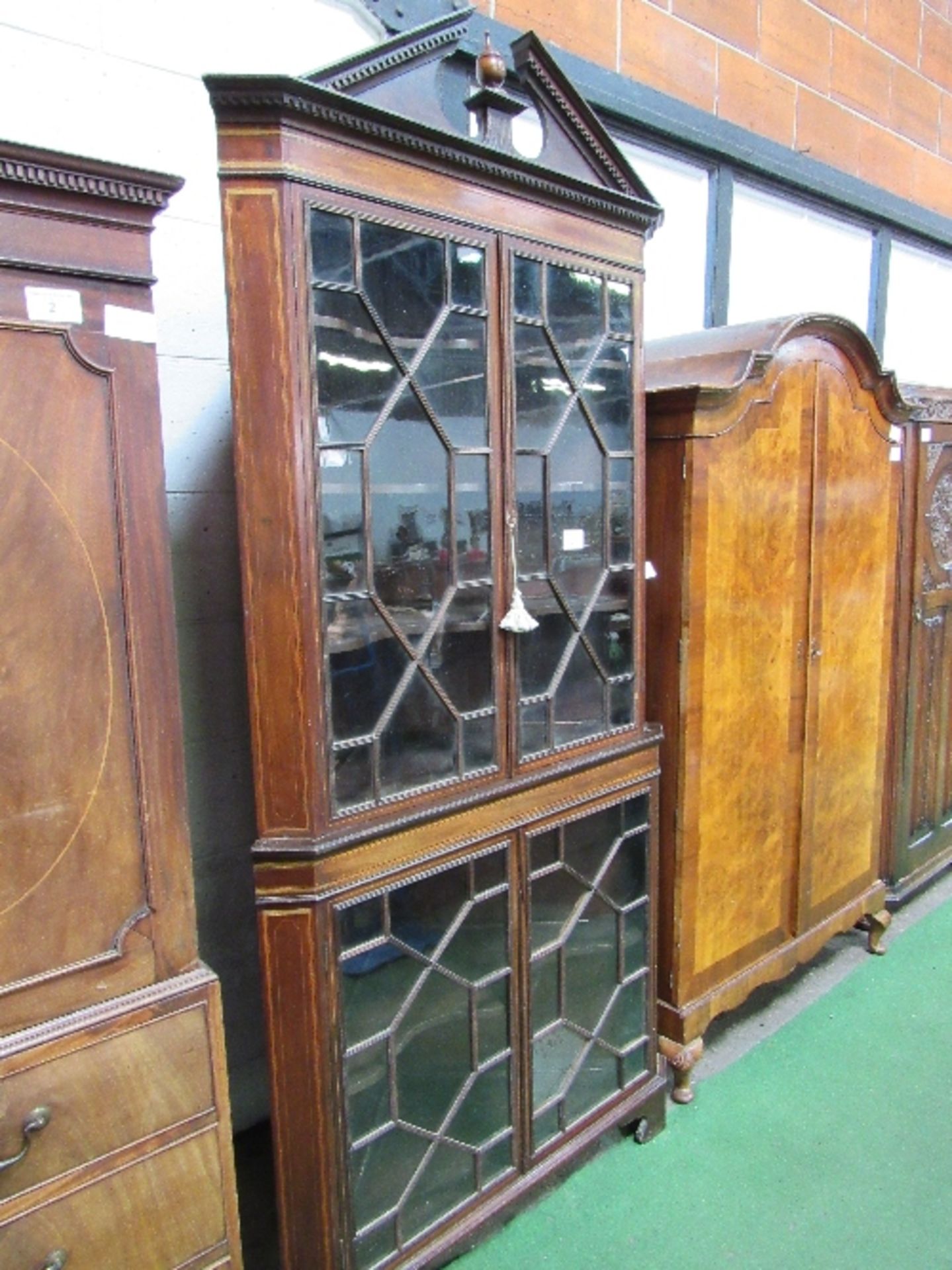 Large Edwardian mahogany corner display cabinet with glass panel doors & shaped shelves & broken - Image 2 of 2