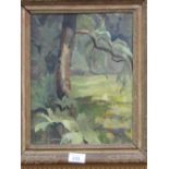 Oil on board 'Gunnera at Charleston' by Bonela Woodhead. Estimate £20-30.