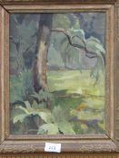 Oil on board 'Gunnera at Charleston' by Bonela Woodhead. Estimate £20-30.