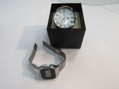 Retro silver metal Casio watch & another wrist watch, silver & marquasite brooch, silver cross