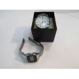 Retro silver metal Casio watch & another wrist watch, silver & marquasite brooch, silver cross