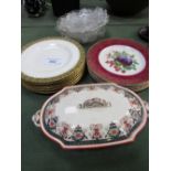 Qty of Crown Derby dinner plates, other dinner plates, 3 glass dishes & a covered tureen.