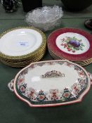 Qty of Crown Derby dinner plates, other dinner plates, 3 glass dishes & a covered tureen.
