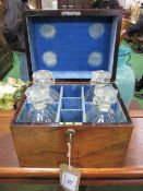 Rosewood lockable decanter box with 4 decanters & key, 27cms x 21cms x 22cms. (2 decanters a/f).