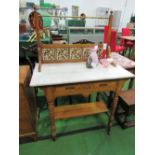 Marble top wash stand with tile & rail back, 91cms x 50cms x 79cms. Estimate £30-40.