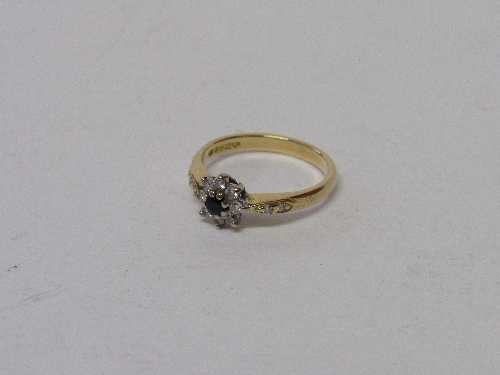 18ct gold, diamond & sapphire ring, size K, weight 2.6gms. Estimate £80-100.