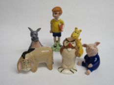 Beswick Pooh character samples: Christopher Robin (marked Beswick), Eeyore, Piglet, Tigger, Owl,
