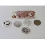 Ten shilling note, E1.50 commemorative coin, GB commemorative £5 coin, silver Canadian 1oz $5