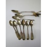 Set of 4 Georgian silver teaspoons, 2 other silver teaspoons, Victorian silver serving spoon,