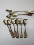 Set of 4 Georgian silver teaspoons, 2 other silver teaspoons, Victorian silver serving spoon,