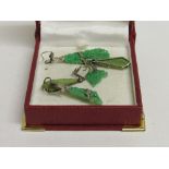 A pair of jade & diamond drop earrings & a pair of silver, marcasite & (possibly) jade dress