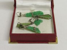 A pair of jade & diamond drop earrings & a pair of silver, marcasite & (possibly) jade dress