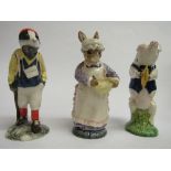 Beswick figurines: Hiker Badger; Mrs Rabbit baking & Andrew the Cymbal Player. Estimate £40-60.