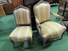 French style open armchair with carved crest & matching chair. Estimate £30-50.