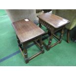Pair of oak stools, 43cms x 26cms x 47cms. Estimate £20-30.
