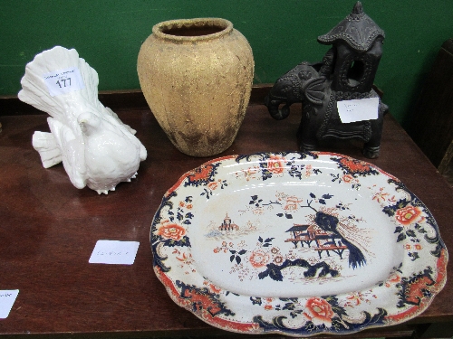 Meat plate, ornamental elephant, gold coloured jar & white ceramic dove. Estimate £10-15.