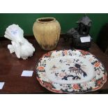 Meat plate, ornamental elephant, gold coloured jar & white ceramic dove. Estimate £10-15.