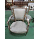 French-style upholstered gilt-framed open armchair & 2 matching side chairs. Estimate £10-20.