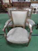 French-style upholstered gilt-framed open armchair & 2 matching side chairs. Estimate £10-20.