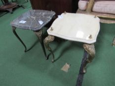 2 marble top low stands on cabriole legs, 38cms x 38cms x 42cms. Estimate £40-50.