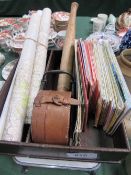 Qty of OS maps, leather collar box, cutlery tray & a warming plate. Estimate £20-30.