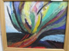 Abstract oil on board by John Flower. Estimate £10-20.