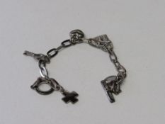 Silver T-bar charm bracelet & charms. Estimate £15-25.