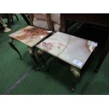 Pair of onyx top display tables on cabriole legs, 46cms x 34cms x 43cms. Estimate £40-60.