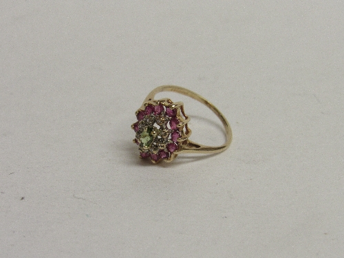 9ct gold, ruby, emerald & diamond ring, size N, weight 2.3gms. Estimate £50-70. - Image 2 of 3