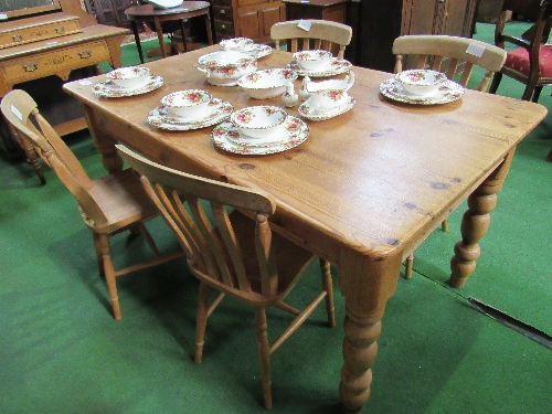 Pine kitchen table on turned legs, 153cms x 91cms x 77cms, together with 4 Windsor chairs - Image 2 of 2